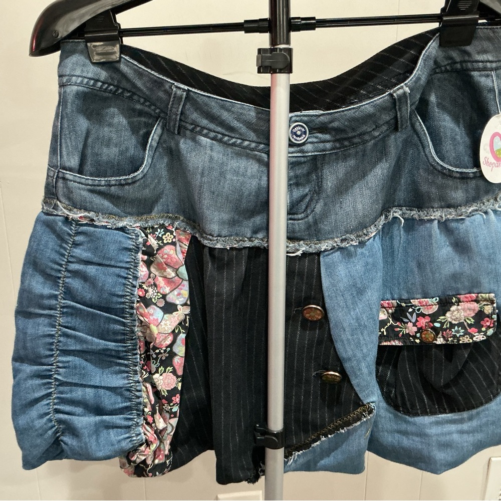 Patchwork Denim Skirt with Floral and Pinstripe Details